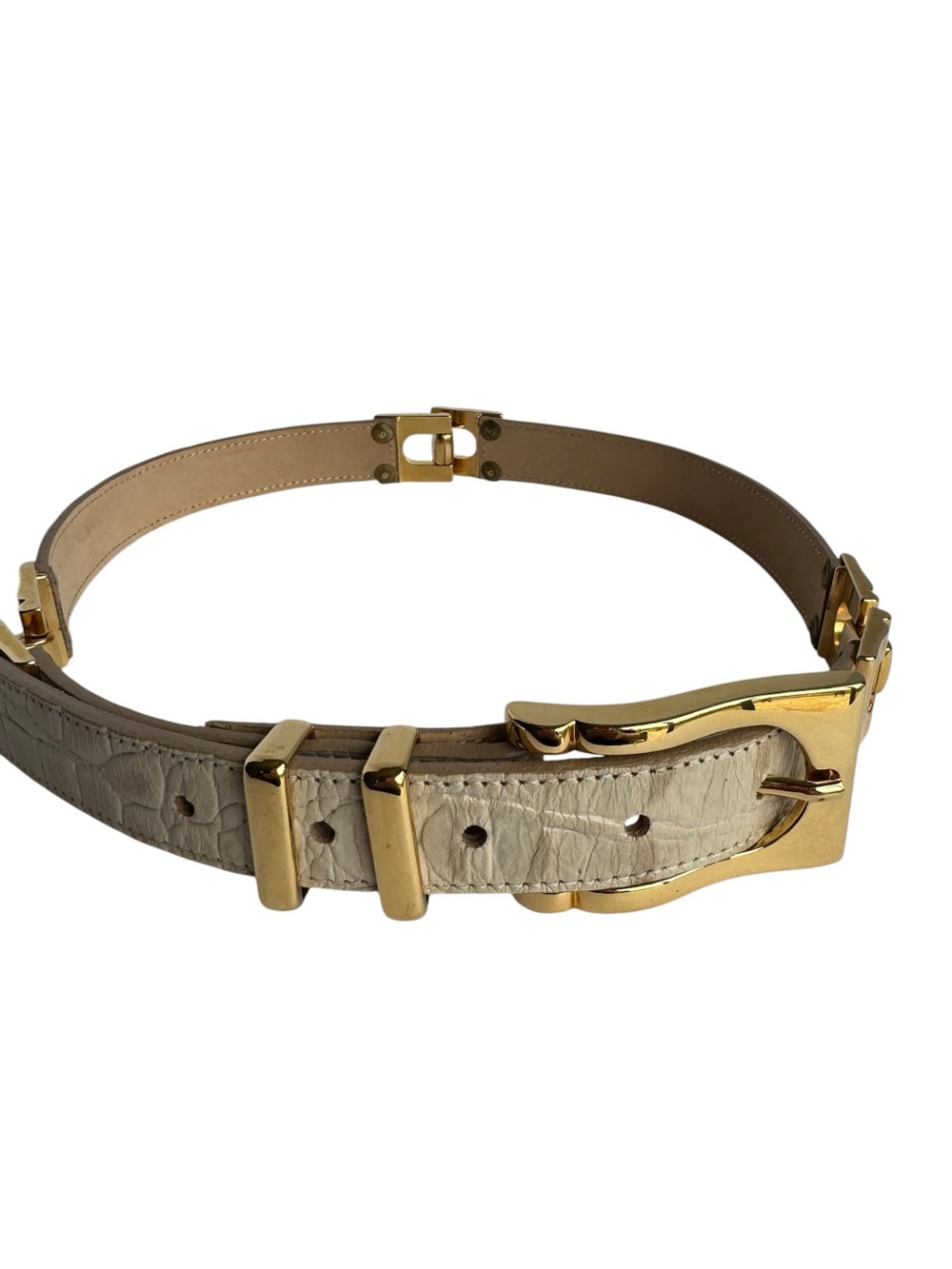 Segmented Gold Toned Waist Accent Belt Sz M/L Cream Faux? Leather Statement EUC